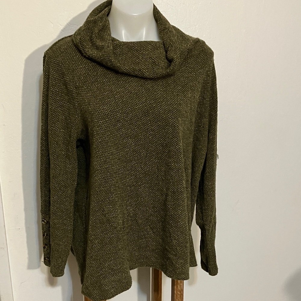 Retrology 2X cowl neck top waffle knit Forest green